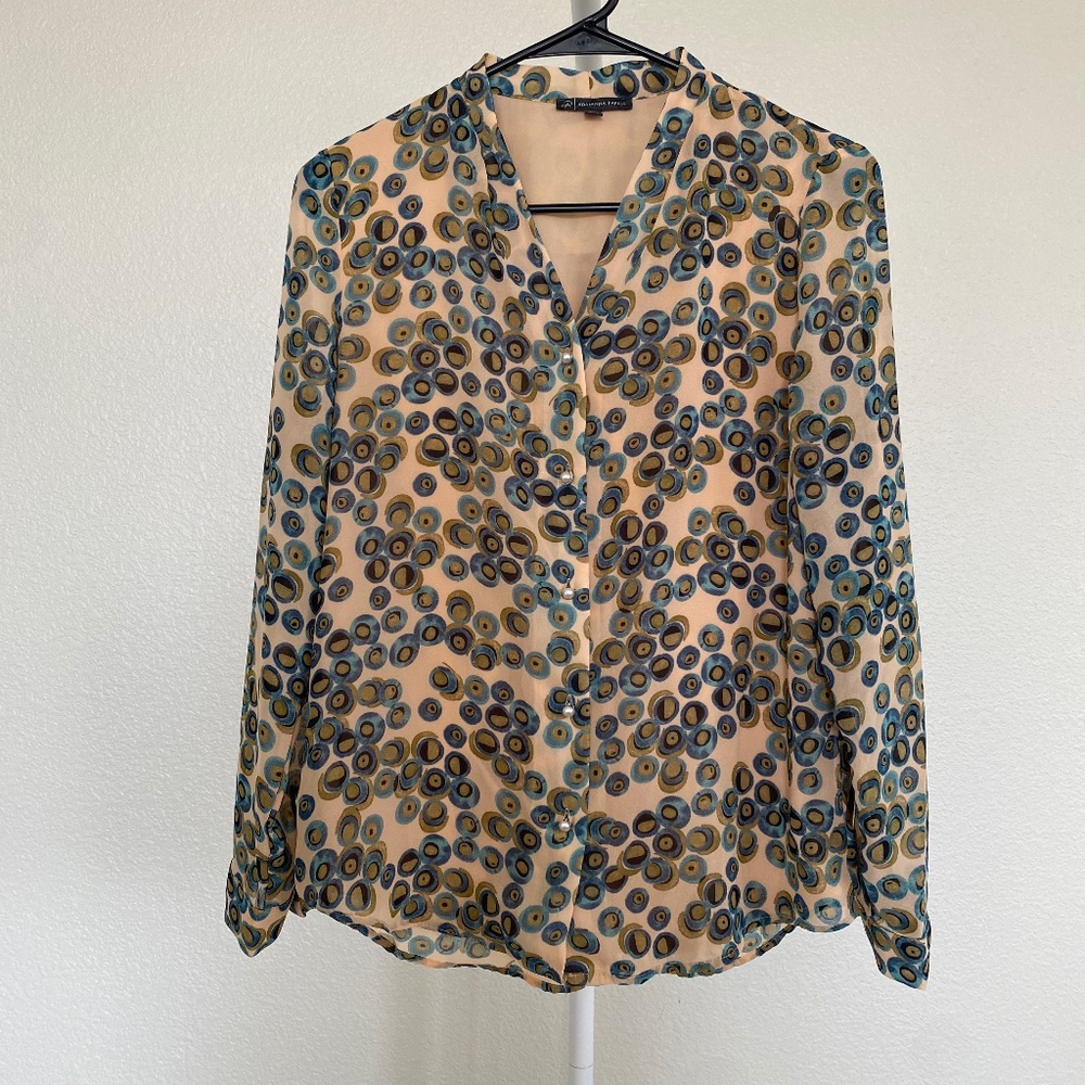 Adrianna Papell Womenʻs Tan | Teal Long Sleeve Abstract Circle Design Blouse XS